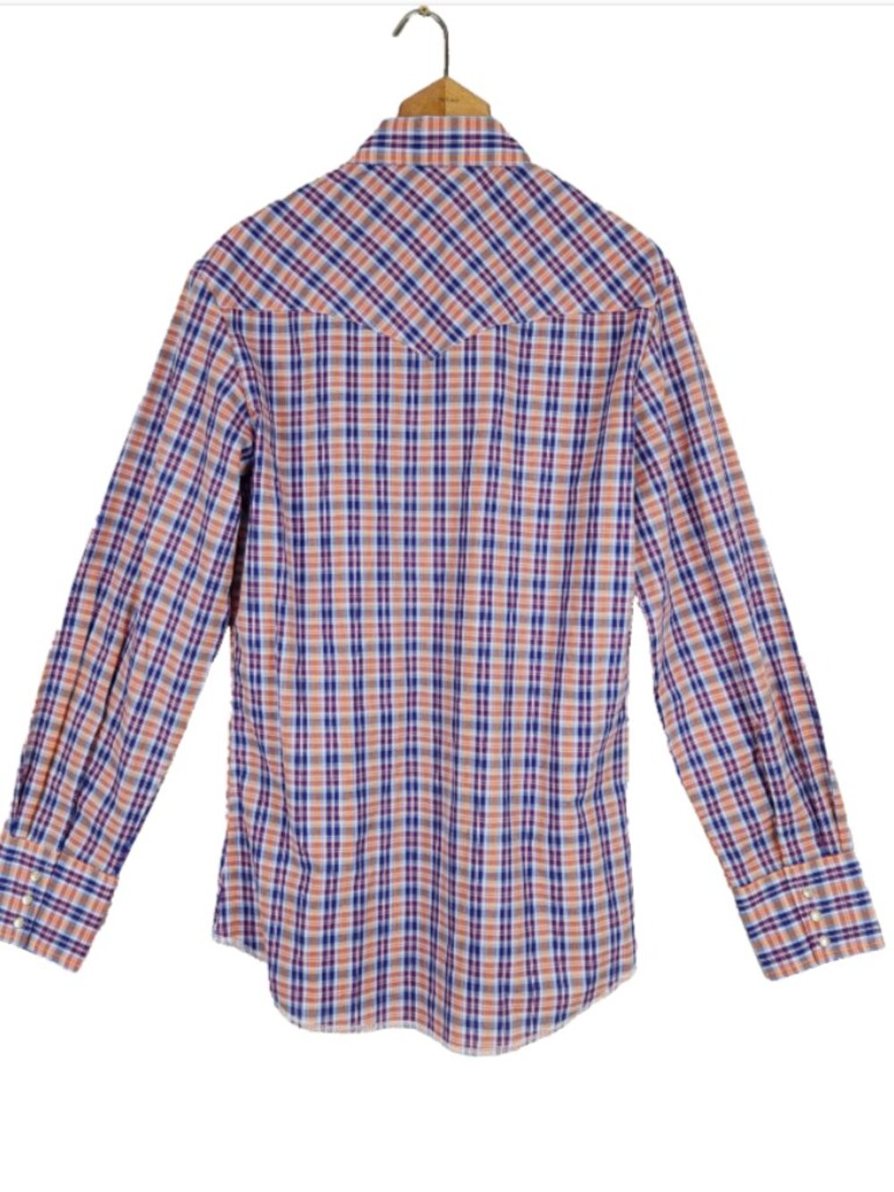 Wrangler Pearl Snap Western Shirt Mens S Orange Purple Plaid Cowboy Ranch Rodeo - Picture 2 of 6